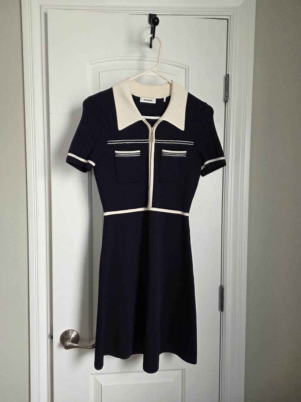 Sandro Navy Dress with Cream Contrast Collar
